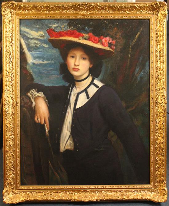 George Spencer Watson RA, ROI, RP (1869-1934) Portrait of a lady holding a parasol, with roses in her hat, 35 x 27in.